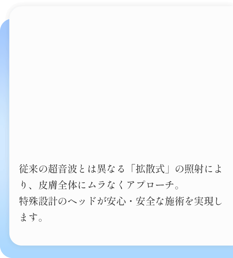 従来の超音波とは異なる「拡散式」の照射により、皮膚全体にムラなくアプローチ。特殊設計のヘッドが安心・安全な施術を実現します。